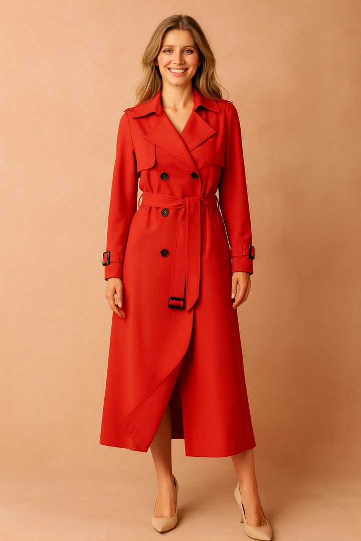 Women's classic long trench coat, an elegant outerwear staple with a flattering belted design and buckle accents.