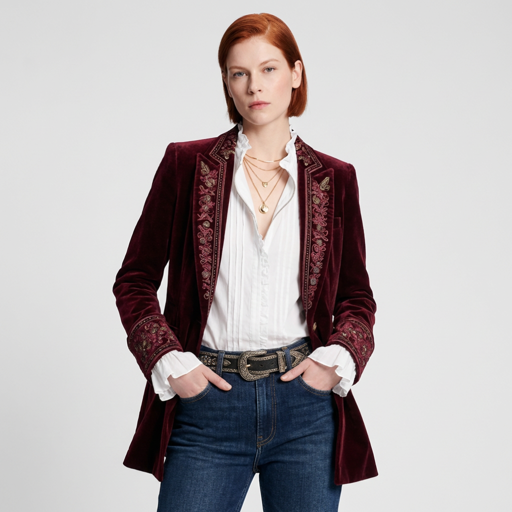 Elegant women's longline blazer jacket with intricate embroidery, perfect for formal or smart casual wear.