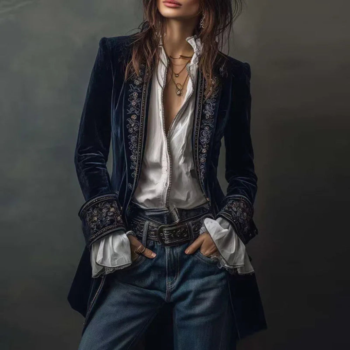 Stylish women's embroidered longline blazer, versatile outerwear for elegant formal or smart casual layered looks.