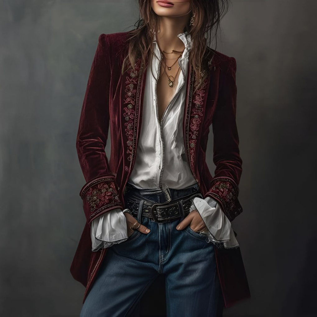 Modern women's longline blazer jacket featuring delicate embroidery, ideal for a sophisticated and stylish outfit.
