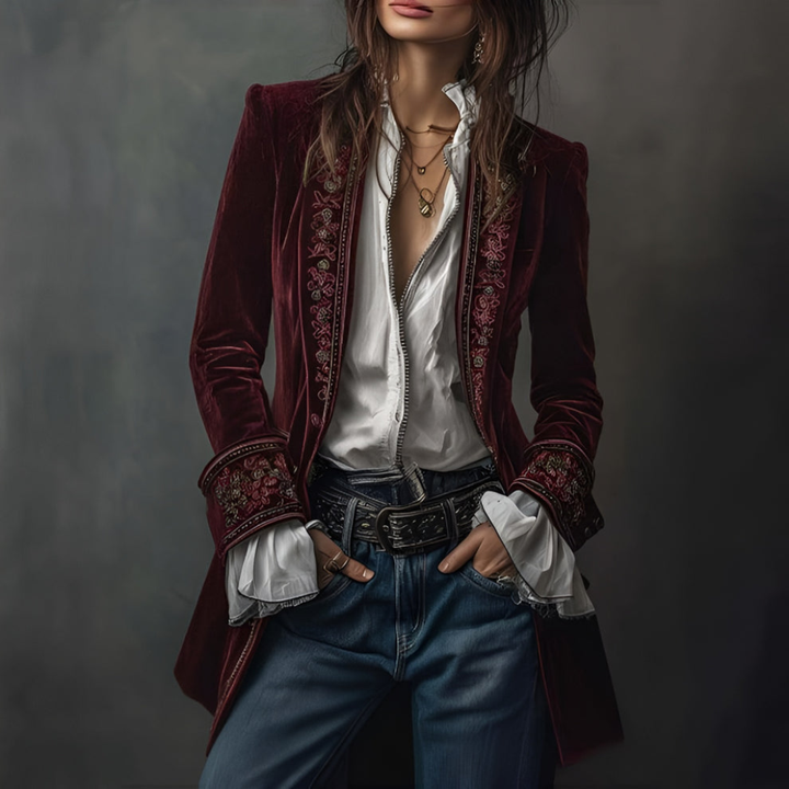 Modern women's longline blazer jacket featuring delicate embroidery, ideal for a sophisticated and stylish outfit.