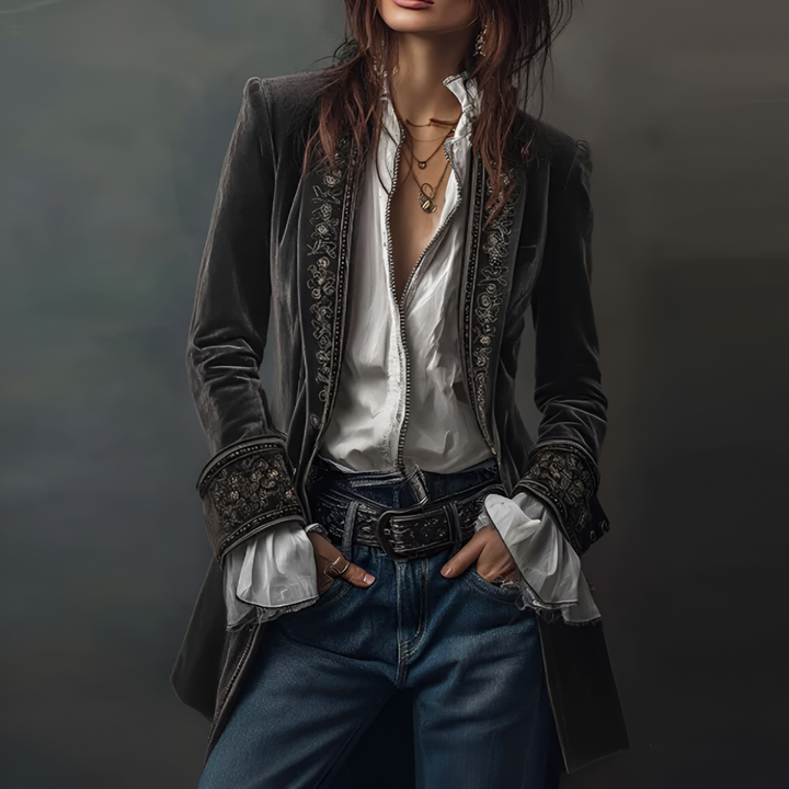 Chic women's longline embroidered blazer jacket, a stylish and elegant piece for smart casual or professional attire.