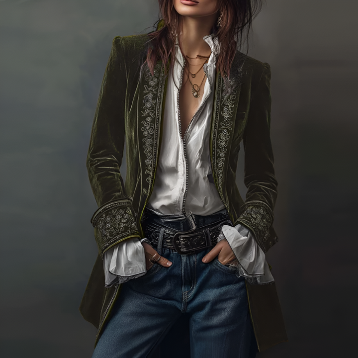 Sophisticated women's longline blazer with detailed embroidery, perfect for adding an elegant touch to any outfit.