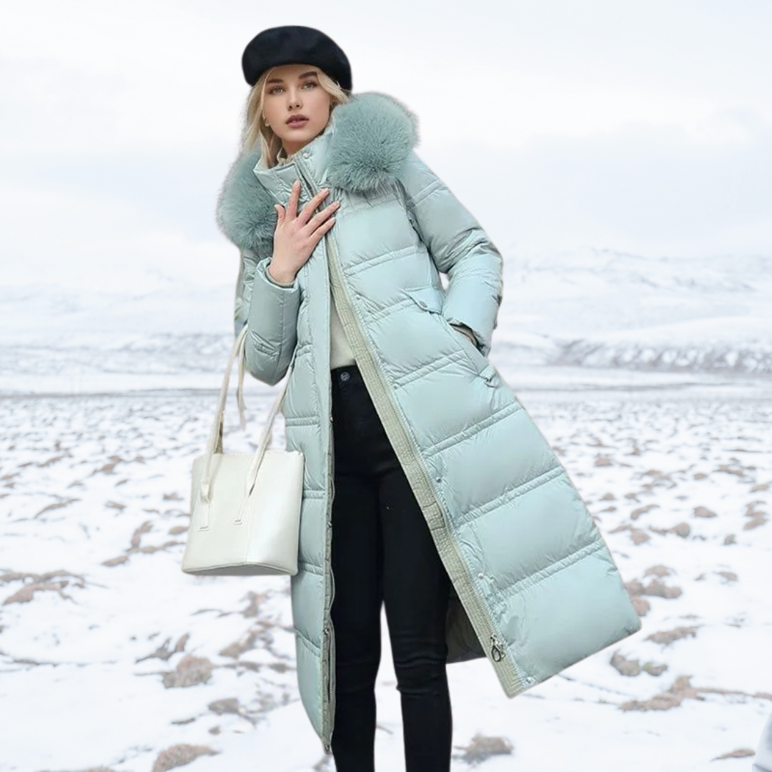 Luxurious Amara faux fur winter coat for women, a warm & stylish long outerwear option.