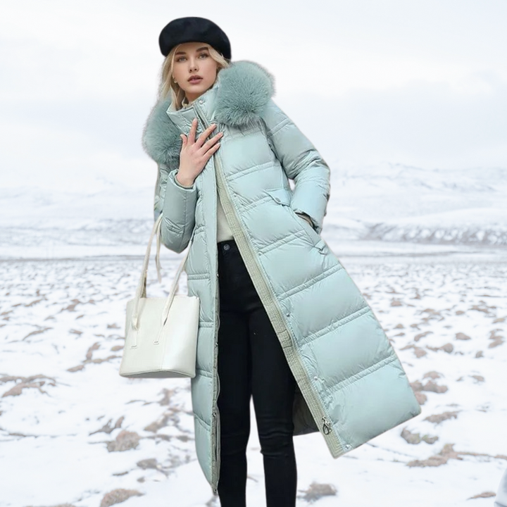 Luxurious Amara faux fur winter coat for women, a warm & stylish long outerwear option.