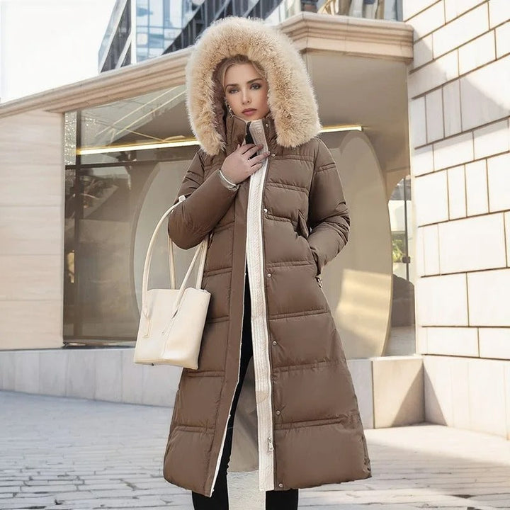 Stylish women's long faux fur coat, perfect for winter fashion & elegant outerwear.