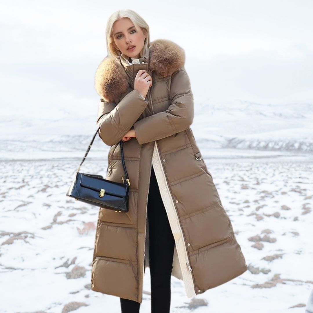 Luxurious faux fur winter jacket for women, ensuring elegant warmth and comfort in cold weather.