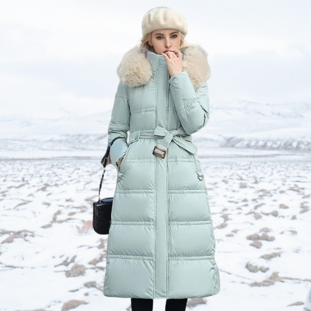 Cozy faux fur long winter coat for women, combining elegant design with practical warmth.