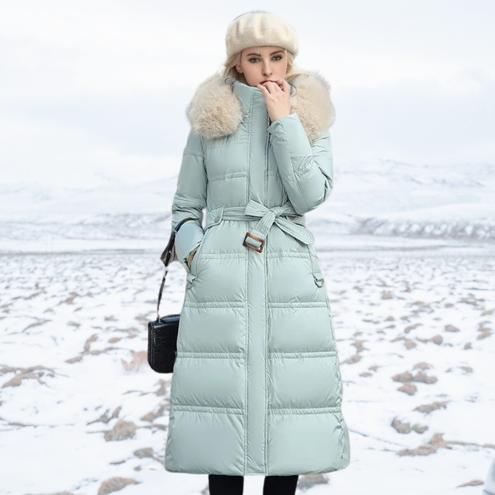 Cozy faux fur long winter coat for women, combining elegant design with practical warmth.
