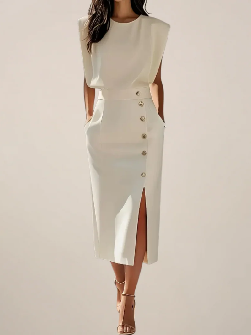 Elegant women's midi dress with a sophisticated side slit, perfect for versatile day-to-night fashion.