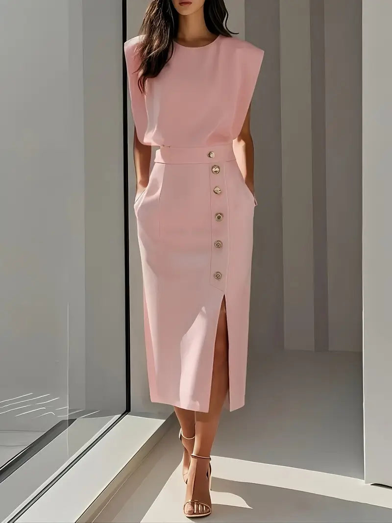 Sophisticated women's elegant midi dress featuring a stylish side slit, ideal for evening wear.