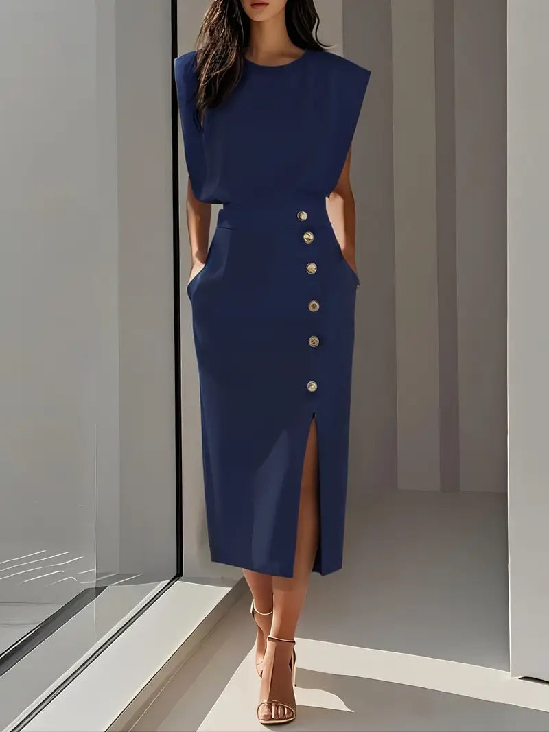 Flattering women's elegant midi dress with a chic side slit, enhancing sophisticated fashion.