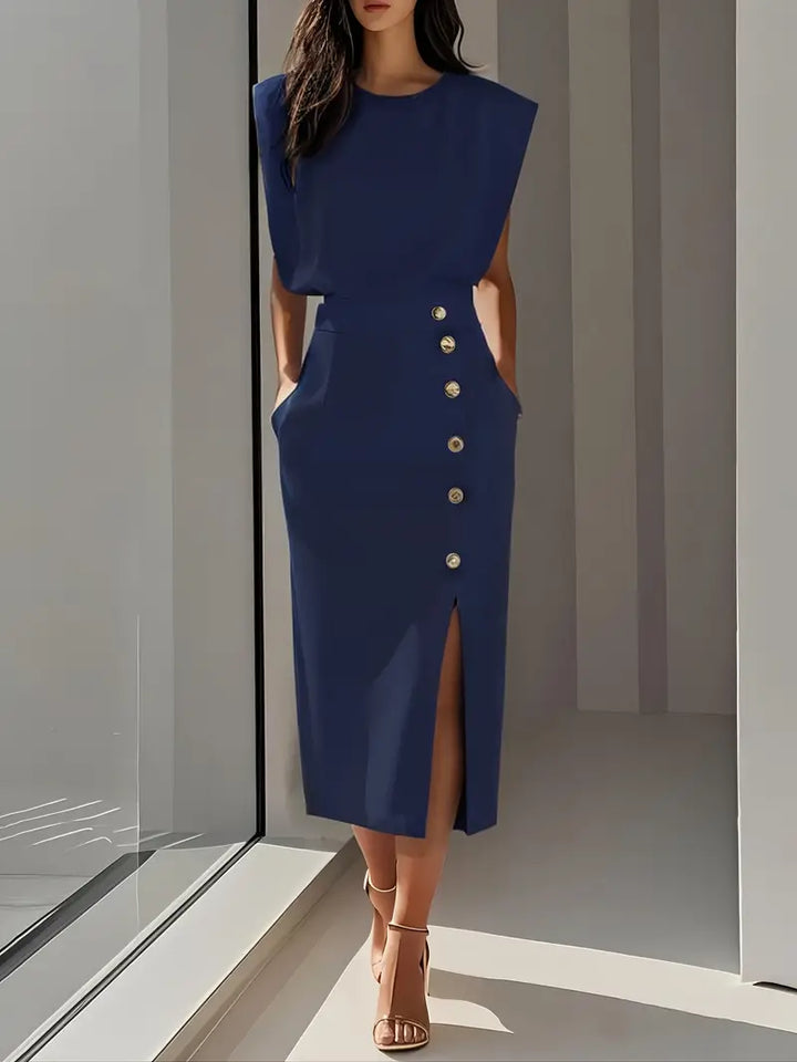 Flattering women's elegant midi dress with a chic side slit, enhancing sophisticated fashion.