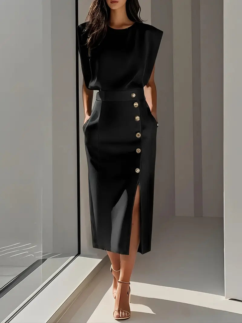 Versatile women's midi dress with a side slit, great for day-to-night casual chic or evening wear.