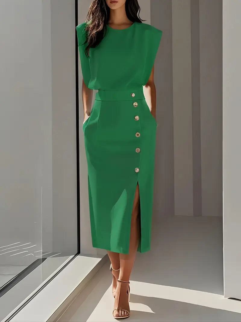Black elegant women's midi dress with a flattering fit and a sophisticated side slit detail.