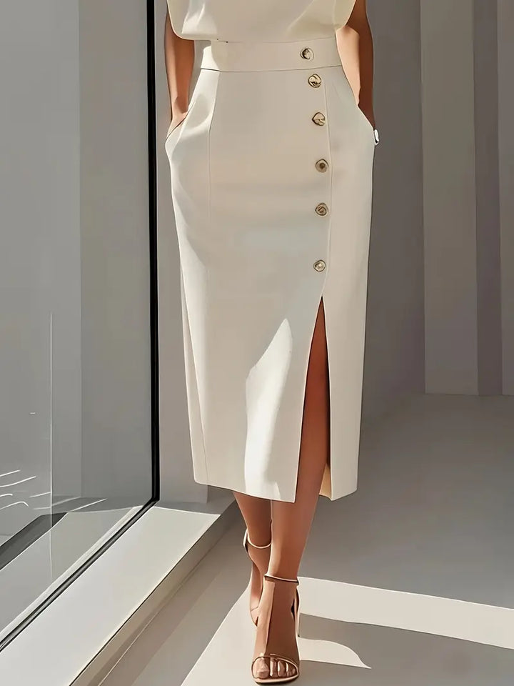 Red elegant women's midi dress with a side slit, a flattering fit for versatile sophisticated fashion.