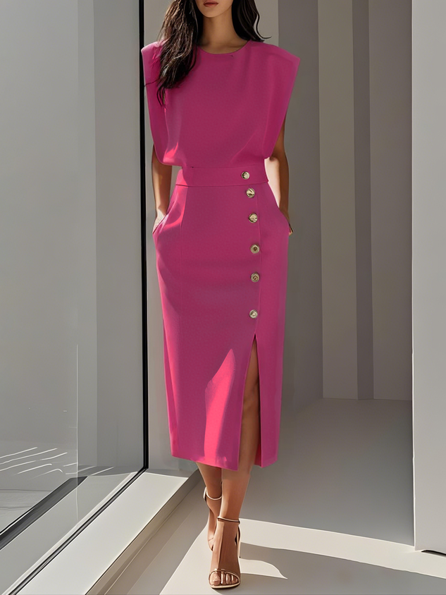 Women's elegant midi dress with a side slit, offering casual chic style for any day-to-night event.