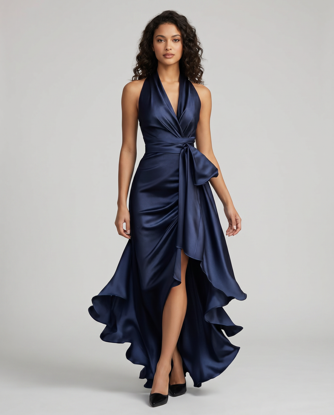 Elegant women's off-shoulder V-neck formal maxi dress, perfect for evenings & special occasions.