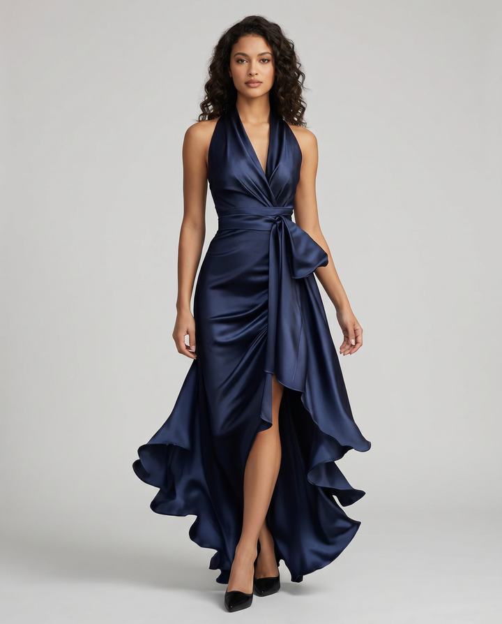 Elegant women's off-shoulder V-neck formal maxi dress, perfect for evenings & special occasions.