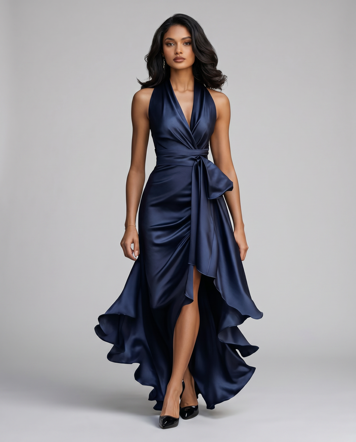 Sophisticated women's long gown with a chic off-shoulder V-neck design and elegant pleats.
