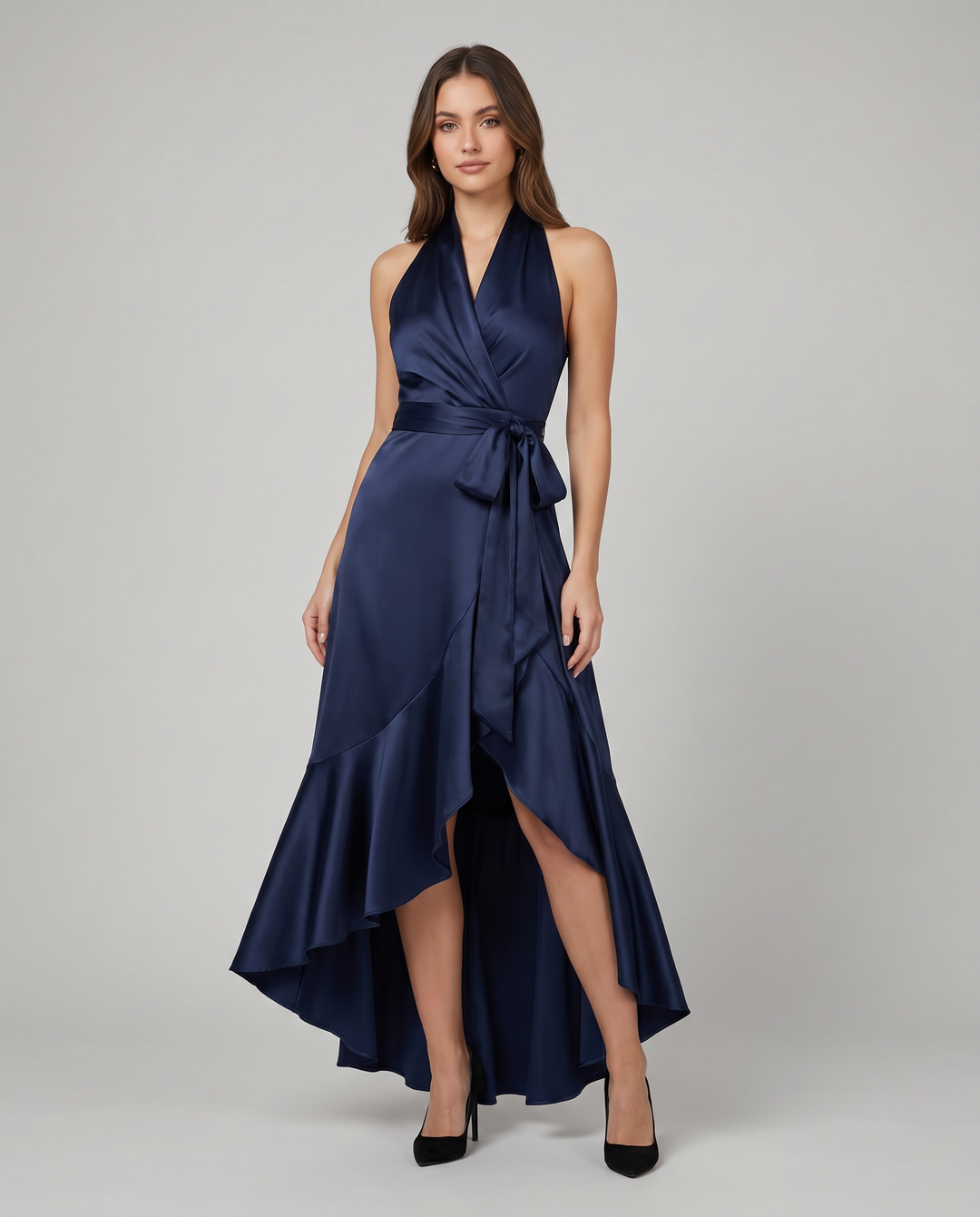 Women's formal evening maxi dress, flattering off-shoulder V-neck, and beautiful pleats.