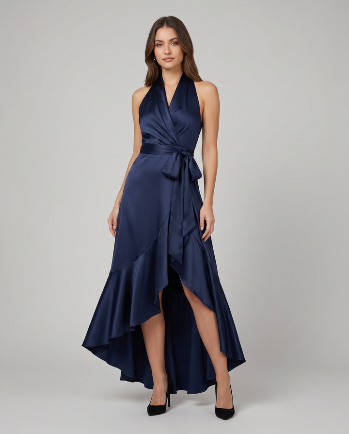 Women's formal evening maxi dress, flattering off-shoulder V-neck, and beautiful pleats.
