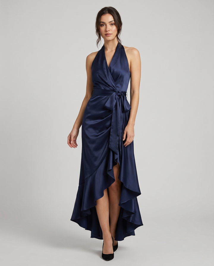 Classic women's party dress, a long elegant gown with an off-shoulder V-neck for special events.