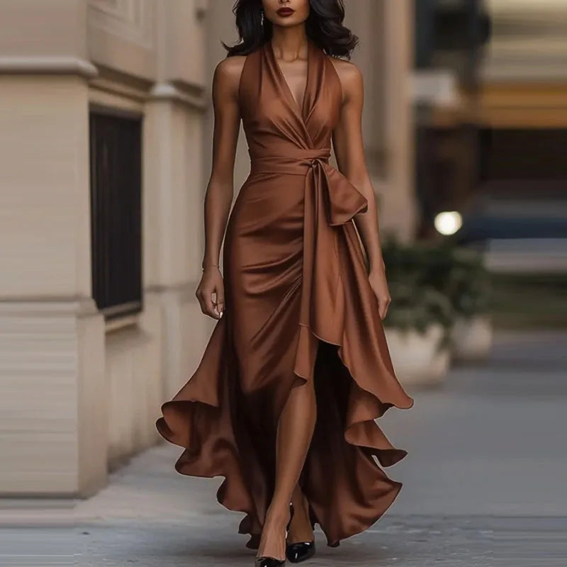 Off-shoulder V-neck maxi dress for women, ideal as a formal evening gown or sophisticated party wear.