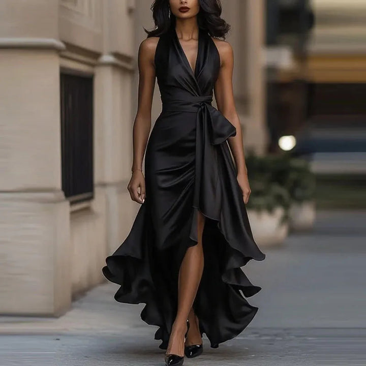 Sophisticated women's long evening gown, off-shoulder V-neck, perfect for formal occasions.