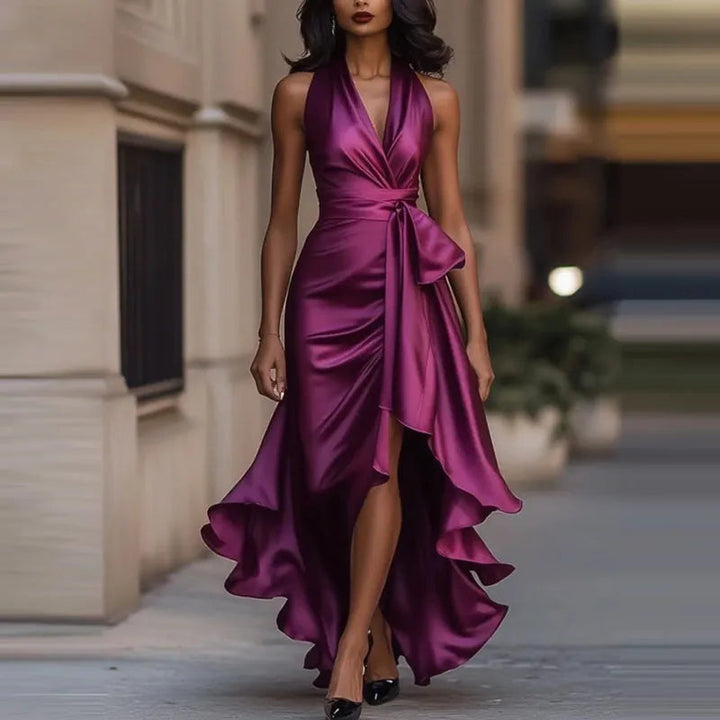 Elegant off-shoulder V-neck formal maxi dress for women, a stunning choice for any special event.
