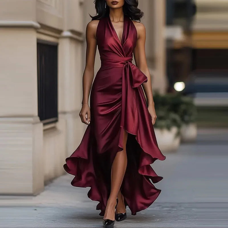 Women's formal pleated long gown with an elegant off-shoulder V-neck, ideal for evening parties.