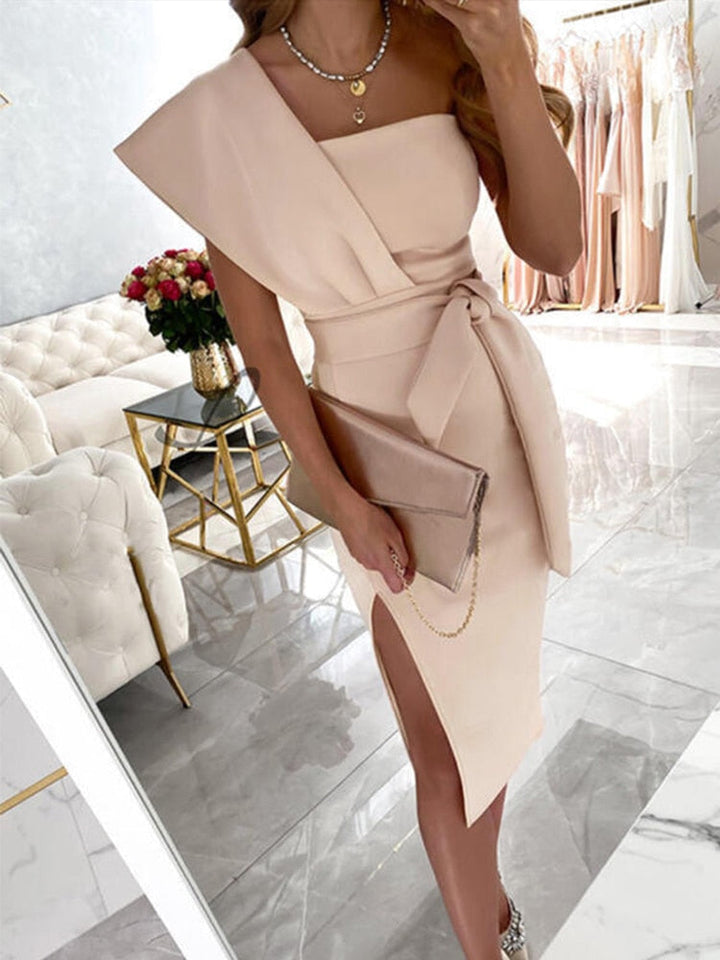 Chic apricot one-shoulder long dress for women, featuring an elegant design and a graceful slit for evening parties.