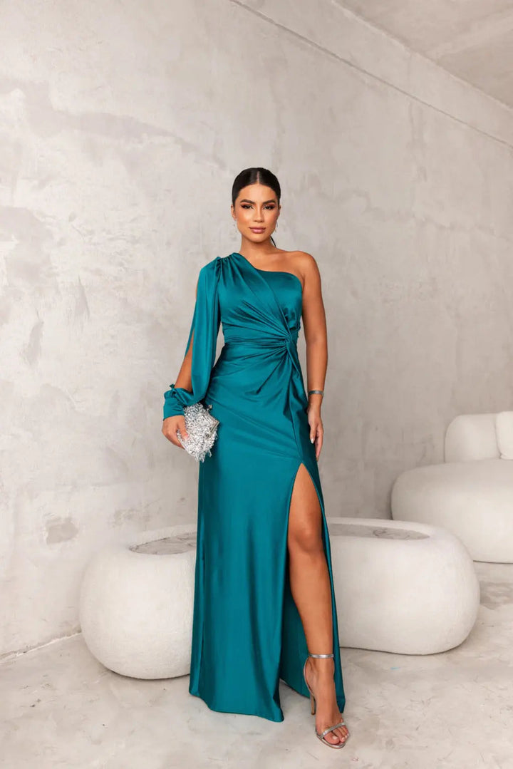 Elegant women's one-shoulder flowy maxi dress for formal events, evening parties, or wedding guests.