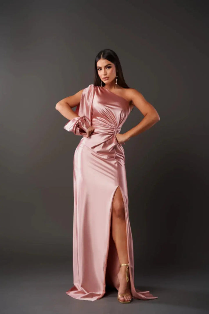 Long one-shoulder sophisticated dress for women, perfect for special occasion cocktail parties.