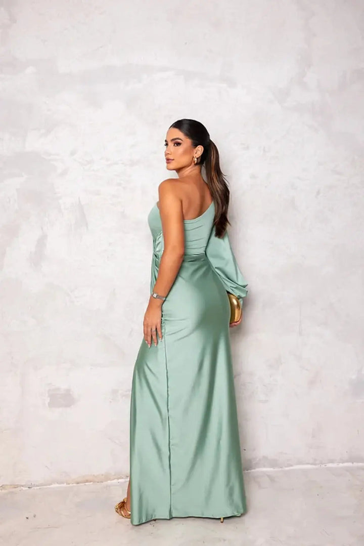 Women's elegant one-shoulder maxi dress, an ideal wedding guest outfit for special occasions.