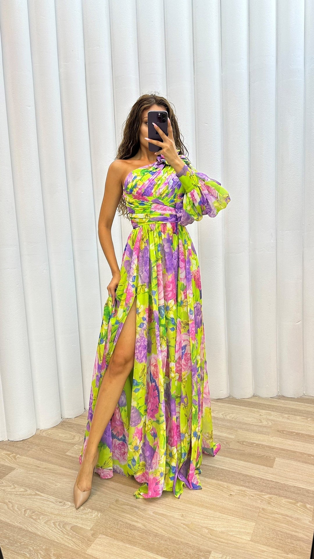 Colorful floral print one-shoulder maxi dress, elegant and flowy, ideal for women's summer fashion & party wear.