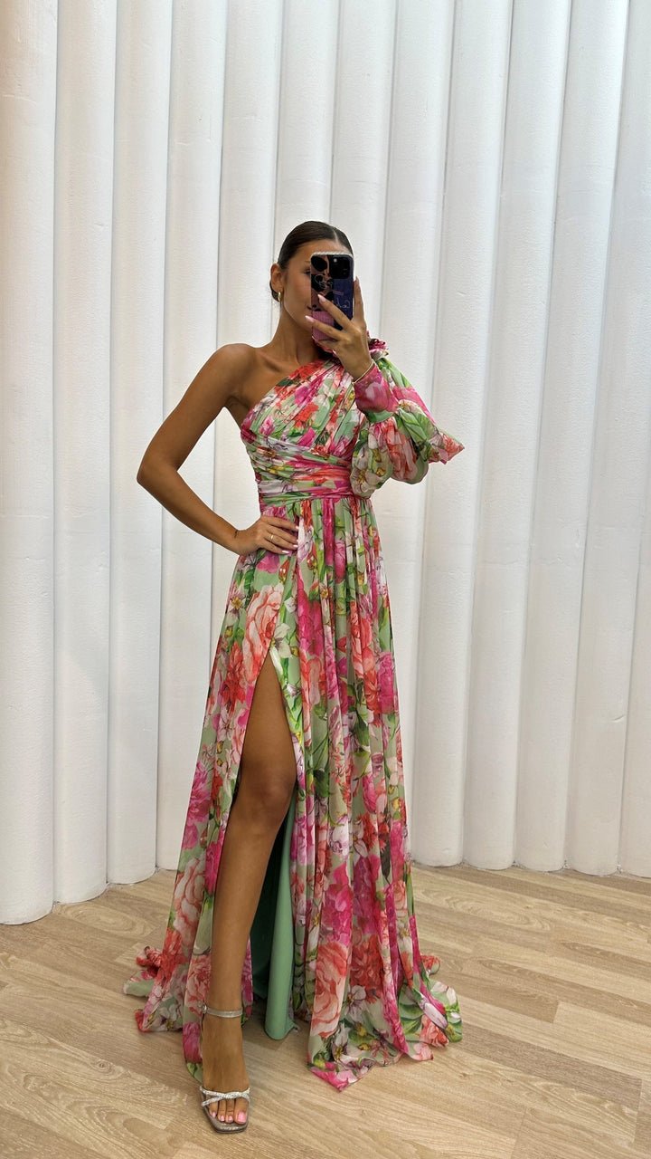 Women's elegant one-shoulder floral maxi dress, a flowy choice for special occasions, summer parties & evening events.