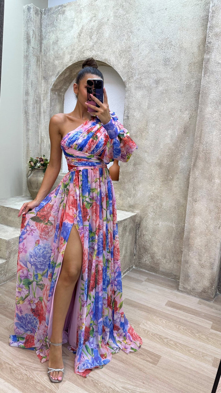 Elegant one-shoulder maxi dress for women, featuring a vibrant floral pattern and flowy design for stylish summer fashion.