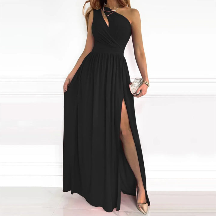 Elegant women's one-shoulder maxi dress with a stylish split, perfect for evening parties & formal occasions.