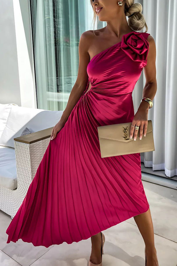 Elegant women's one-shoulder pleated midi dress, perfect for special occasions & formal events.