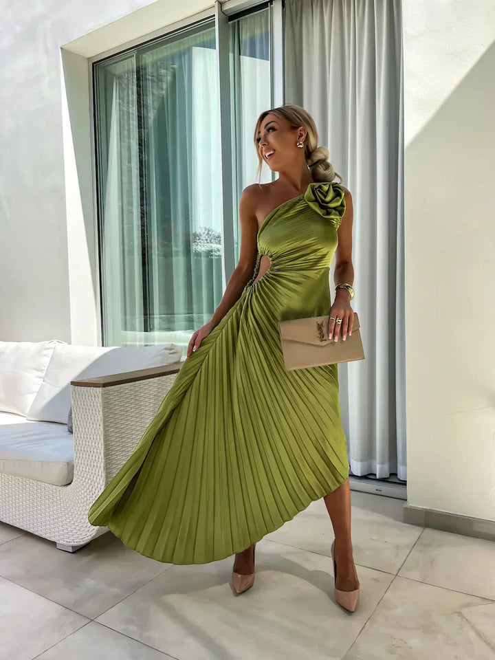 Chic pleated one-shoulder midi dress for women, ideal as a cocktail or evening gown.