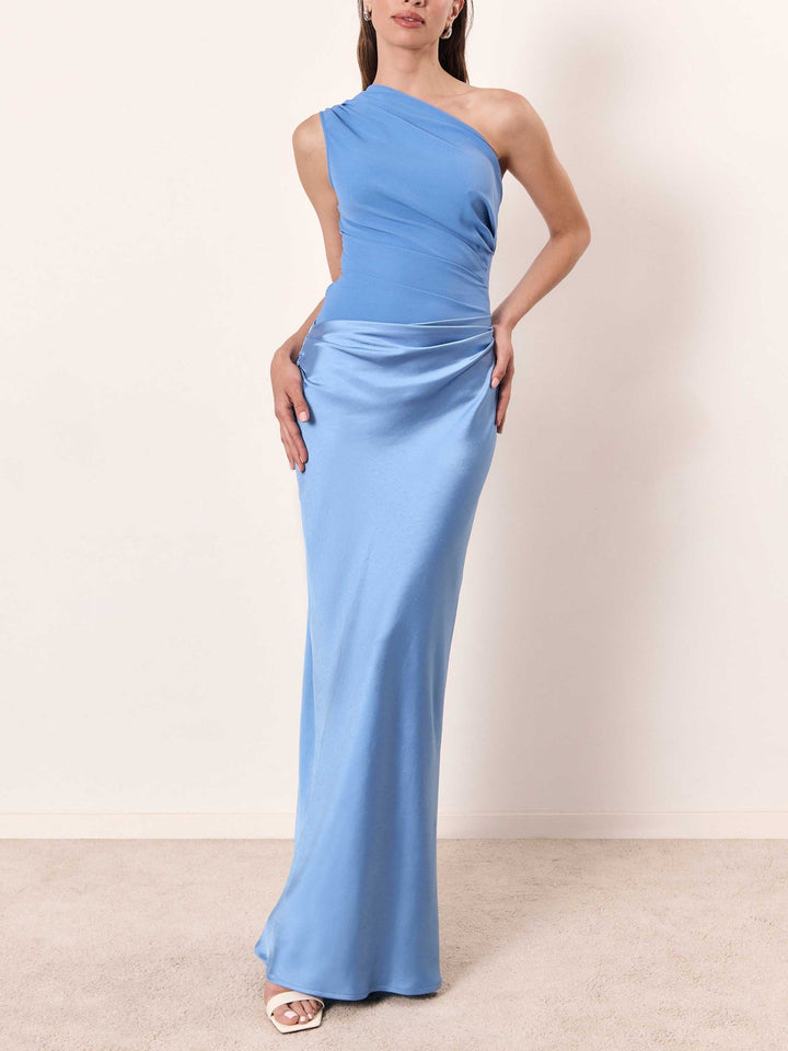 Brown sophisticated one-shoulder pleated maxi dress. Chic choice for special occasions, formal parties & events.