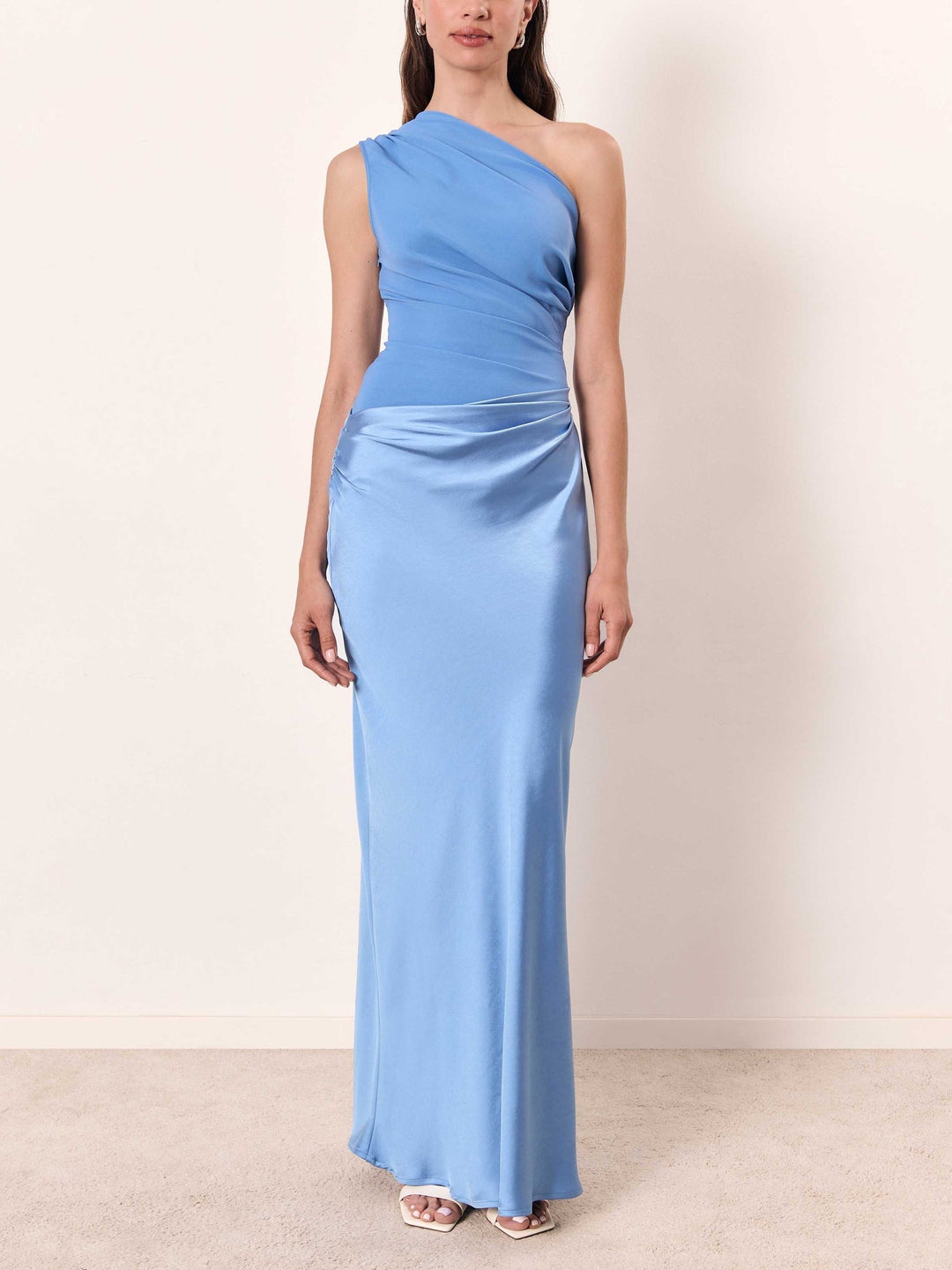 Formal women's brown one-shoulder pleated maxi dress. Perfect for special occasions, parties & elegant events.