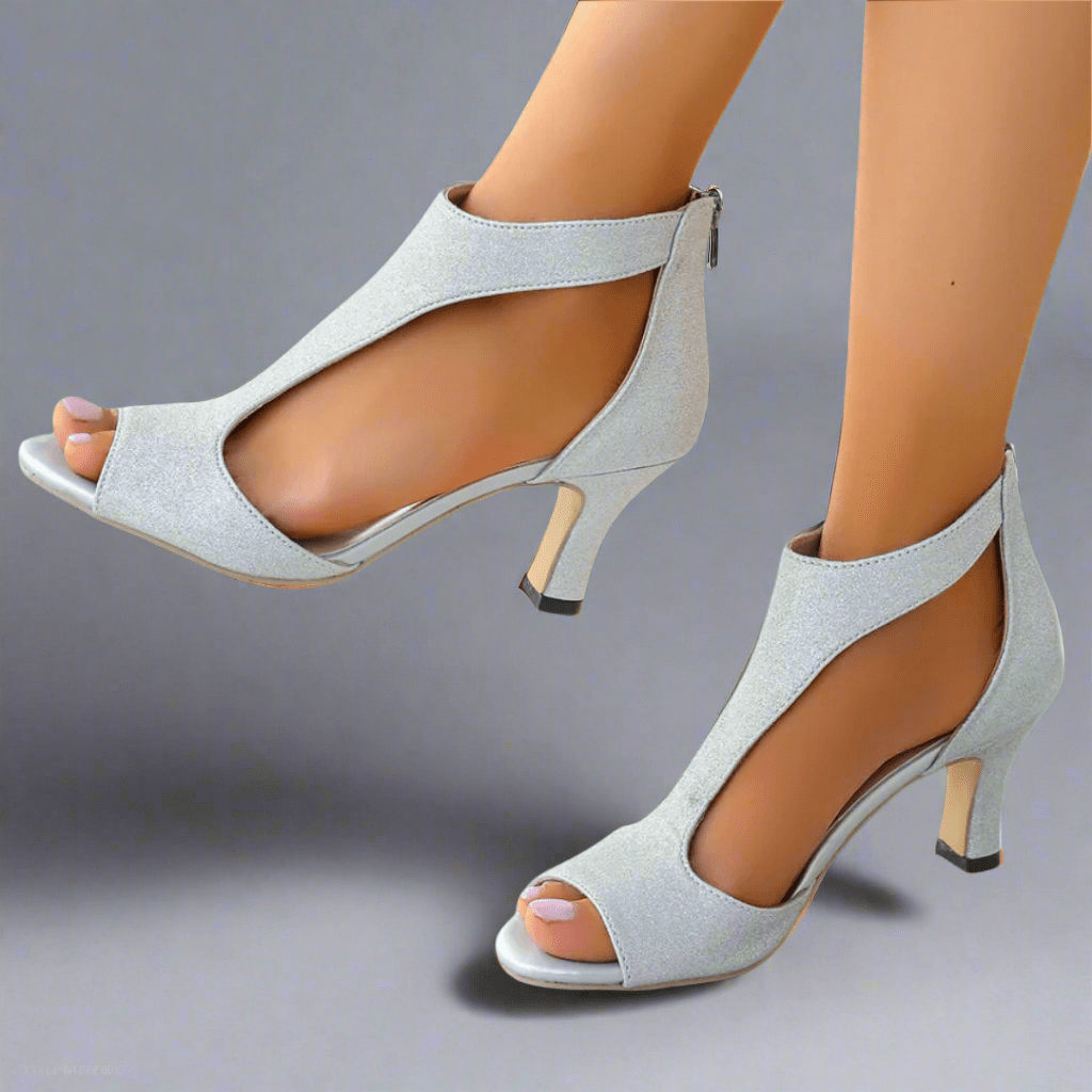 Woman wearing elegant orthopedic high heels, combining stylish design with ergonomic support for active women.