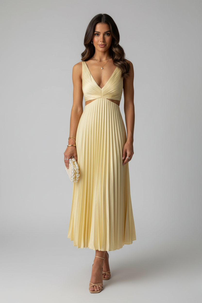 Elegant women's pleated midi dress in a flowy style, perfect for evening wear or special occasions.