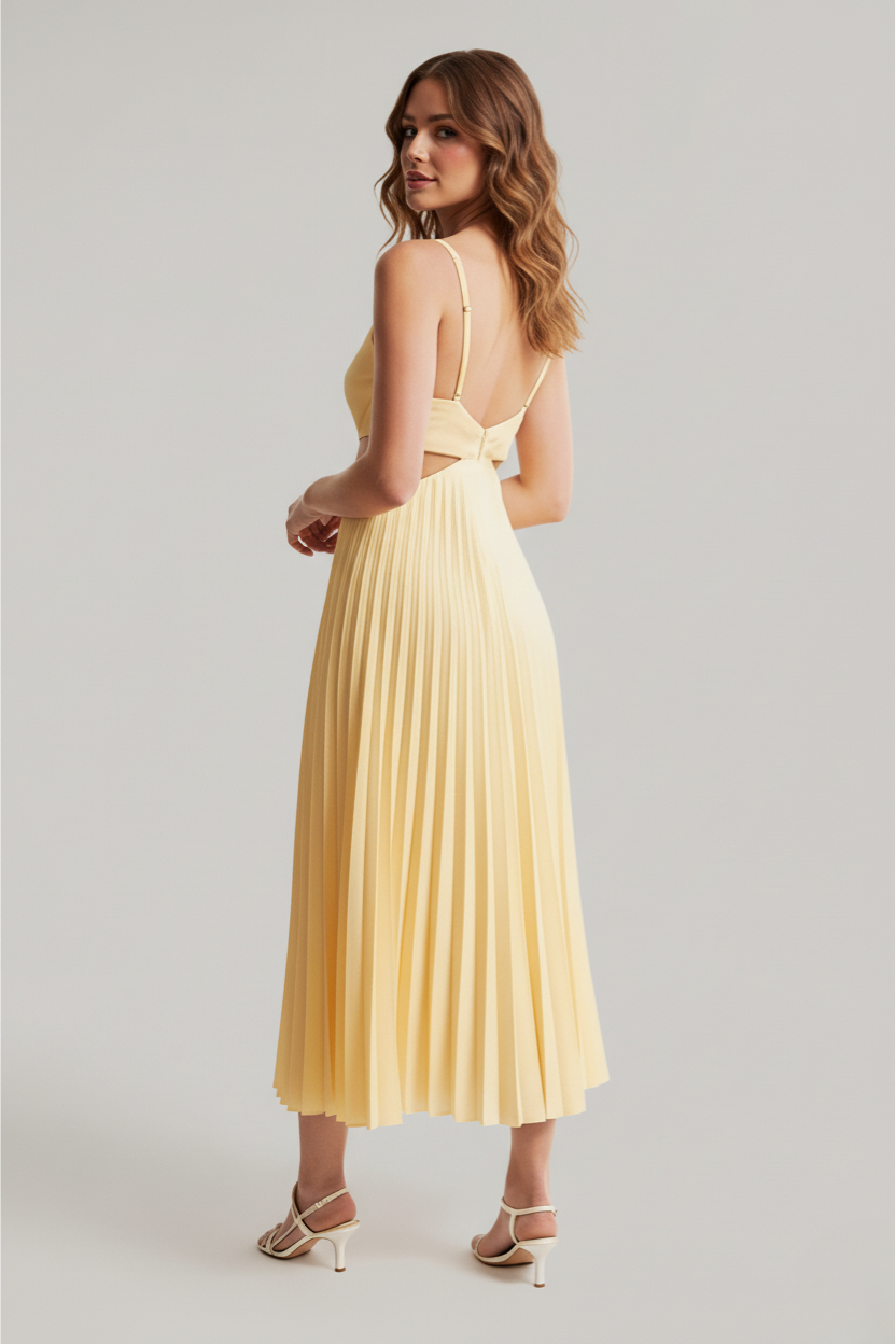 Flattering women's pleated midi dress, a versatile piece for spring/summer fashion and casual events.