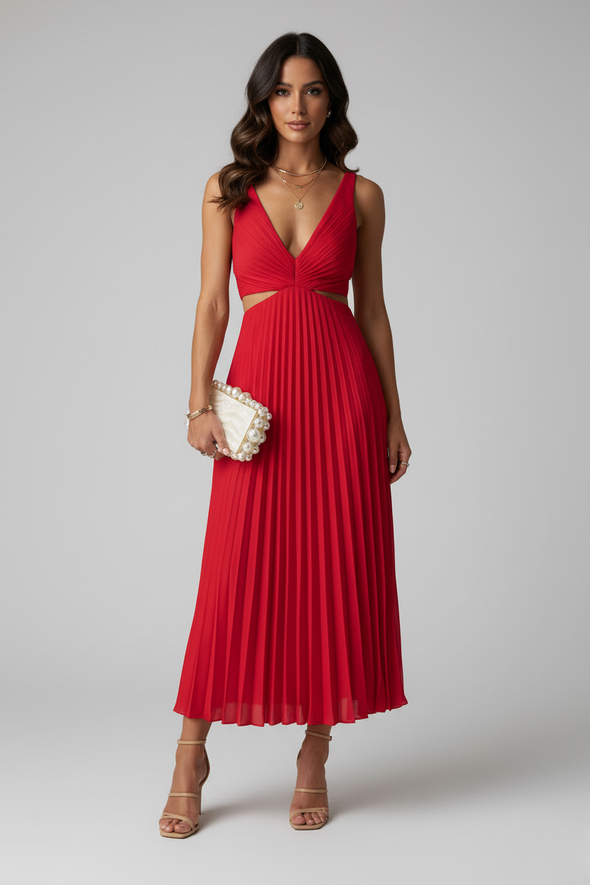 Chic women's pleated midi dress, ideal for elegant parties, evening events, or sophisticated casual wear.