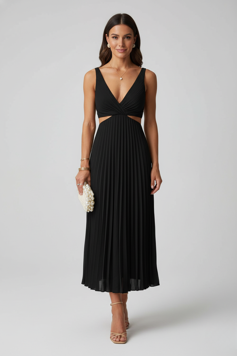 Beautiful women's pleated midi dress, featuring a flattering flowy design for any special occasion.