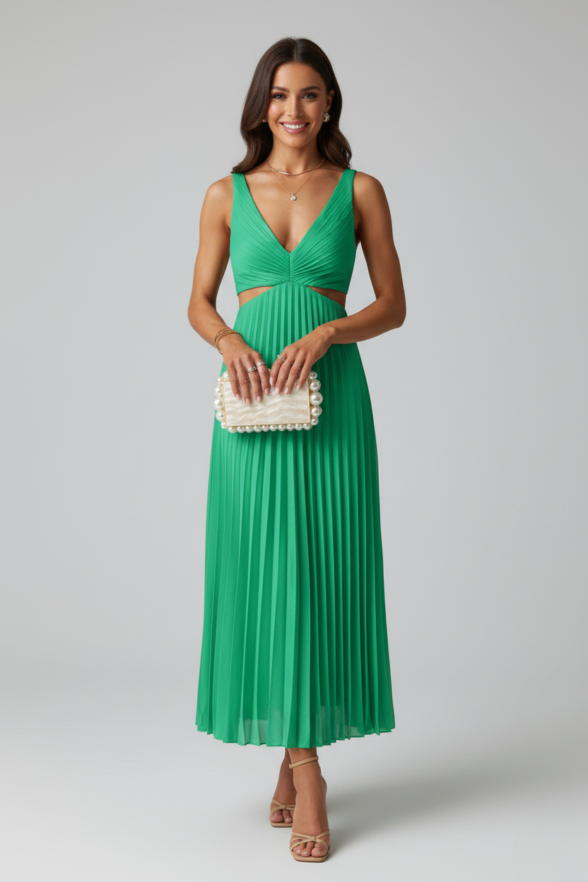Stylish women's pleated midi dress, a versatile and elegant choice for spring fashion and summer events.