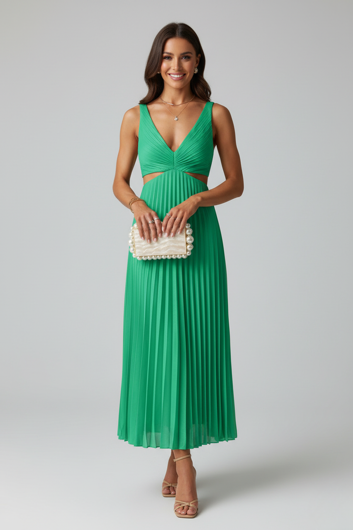 Stylish women's pleated midi dress, a versatile and elegant choice for spring fashion and summer events.